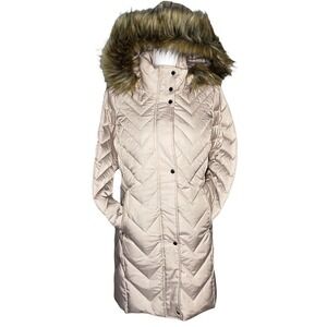 Andrew Marc New York Down Puffer Coat Parka Sz Medium Beige Faux Fur